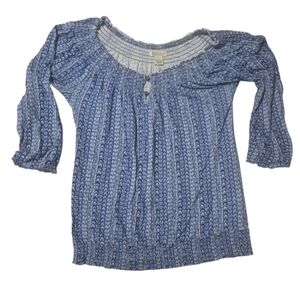 Lucky Brand Women's Size Medium Blue Patterned Top with Brass Buttons